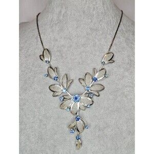 Rosemarie Collections Silver Mesh Leaf Floral Statement Bib Necklace Blue Gem